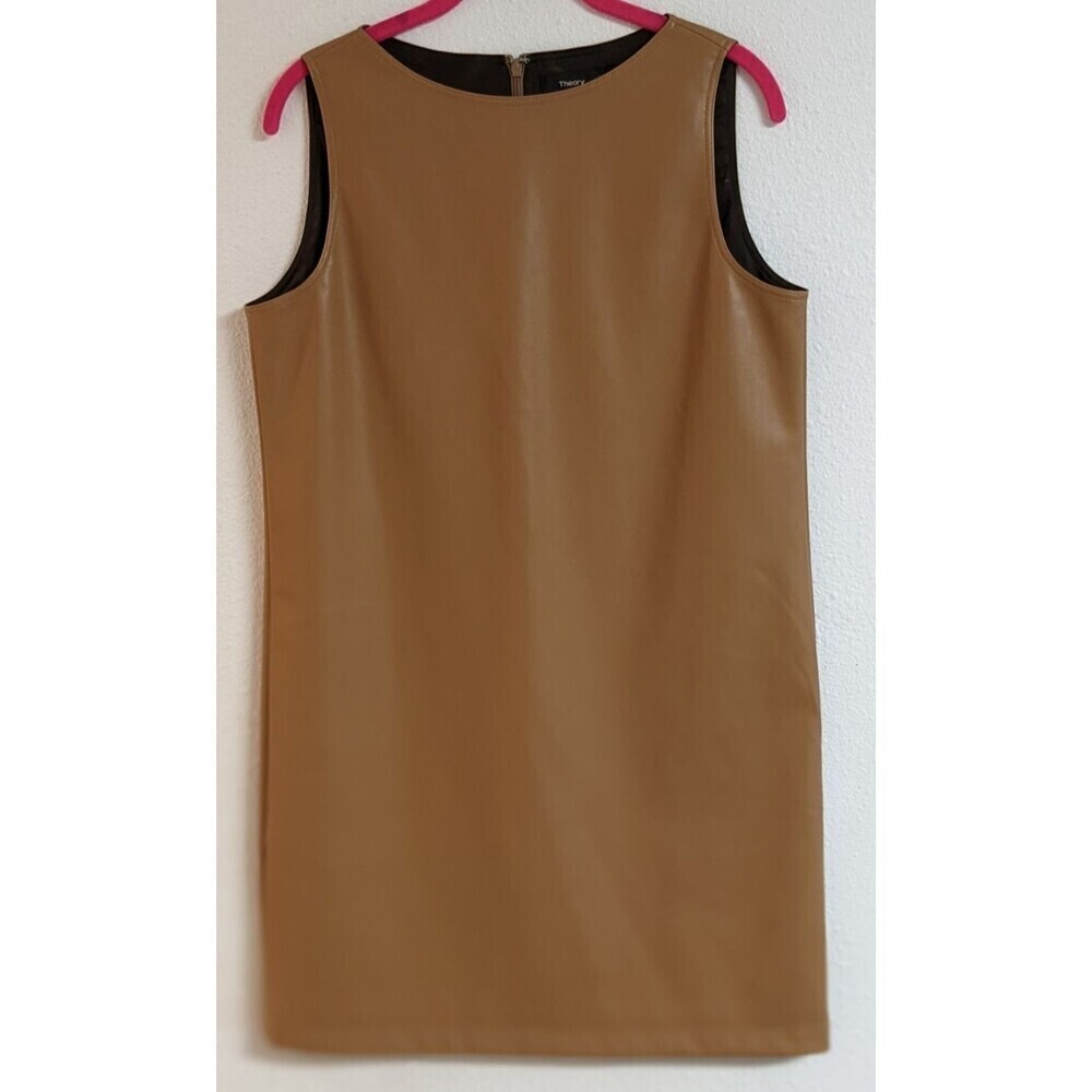 NWOT~Women's THEORY Tan Faux Leather Mod Sleeveless Shift Dress 6 - Picture 3 of 11